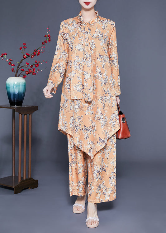 Modern Khaki Bow Asymmetrical Design Print Silk Two Piece Set Women Clothing Spring LC0415 - fabuloryshop