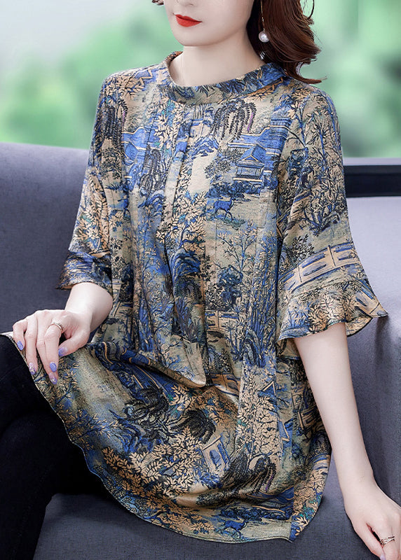 Modern Khaki O-Neck Oversized Print Silk Top Flare Sleeve LY0454 - fabuloryshop