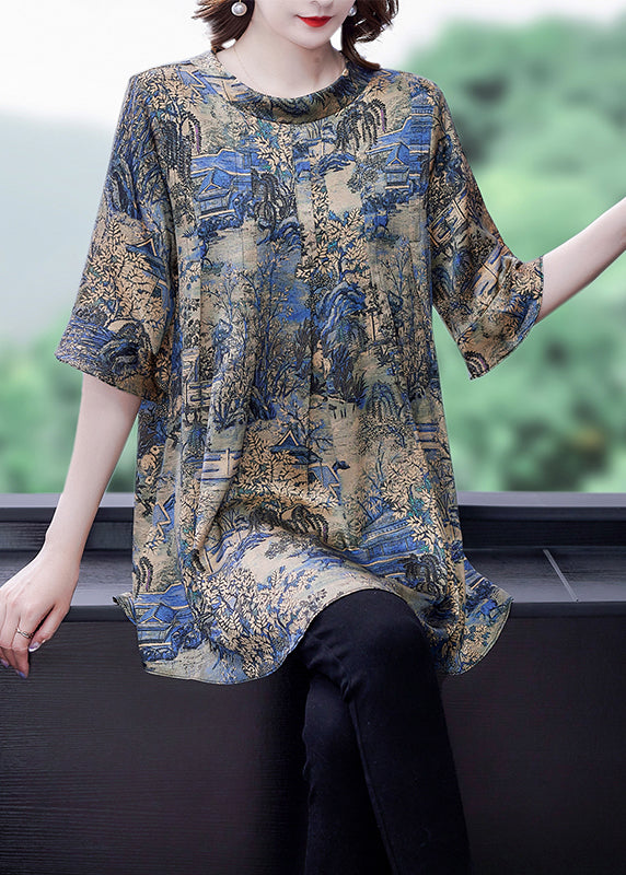 Modern Khaki O-Neck Oversized Print Silk Top Flare Sleeve LY0454 - fabuloryshop