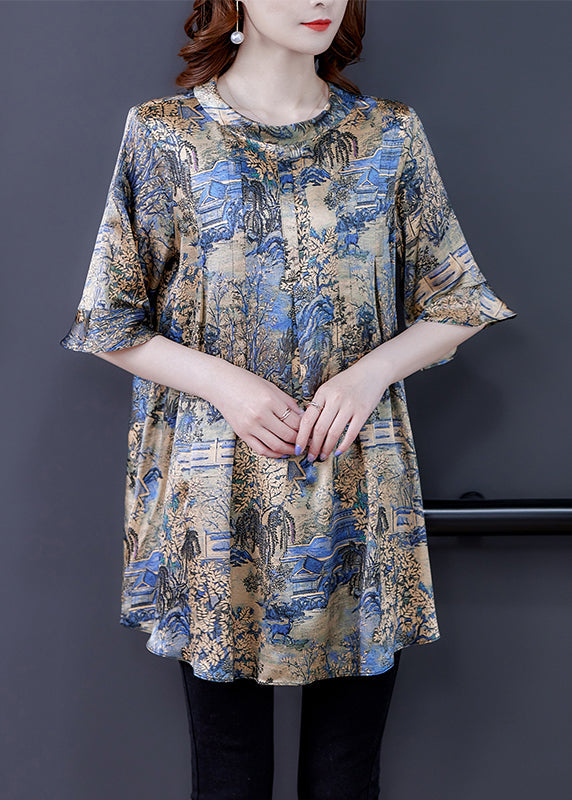 Modern Khaki O-Neck Oversized Print Silk Top Flare Sleeve LY0454 - fabuloryshop