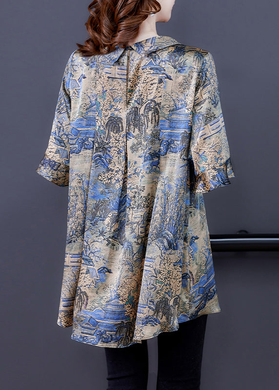 Modern Khaki O-Neck Oversized Print Silk Top Flare Sleeve LY0454 - fabuloryshop