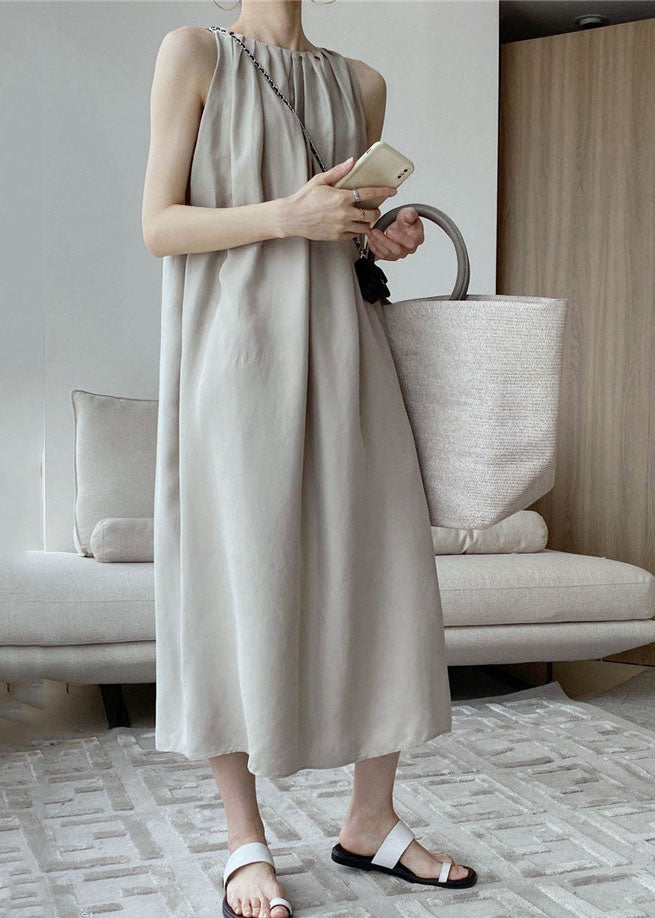 Modern Khaki O-Neck Wrinkled Cotton A Line Holiday Dress Sleeveless LY1363 - fabuloryshop