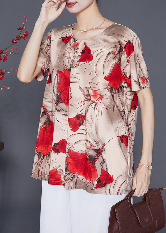 Modern Khaki Oversized Floral Button Silk Shirt Top Summer Ada Fashion