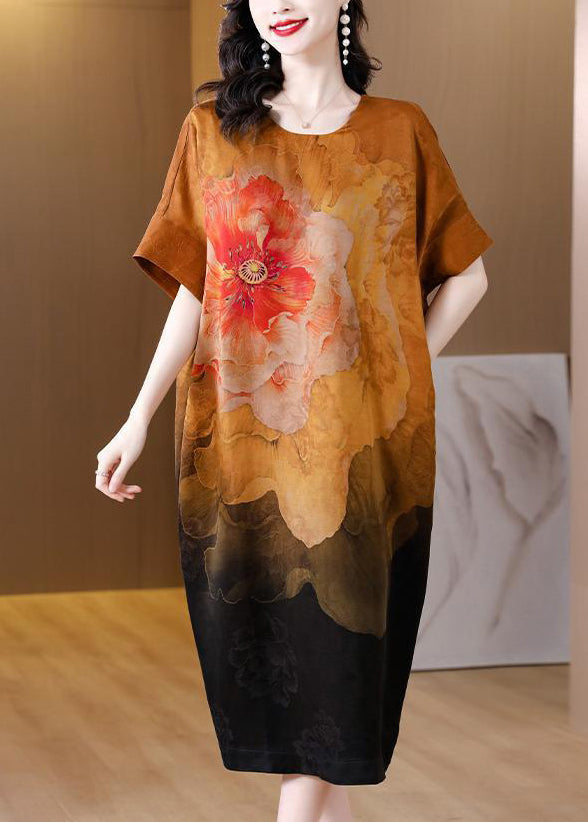Modern Khaki Oversized Floral Print Silk Dress Summer LY3719 - fabuloryshop