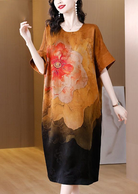 Modern Khaki Oversized Floral Print Silk Dress Summer LY3719 - fabuloryshop