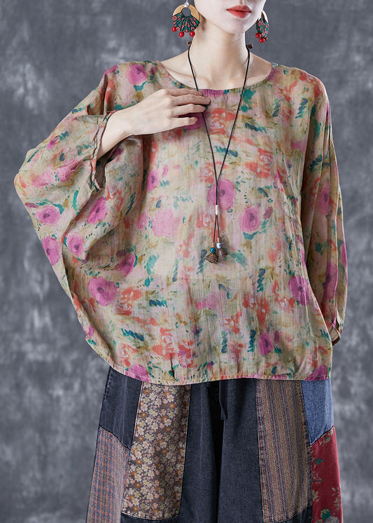 Modern Khaki Oversized Print Linen Blouse Top Batwing Sleeve LY4051 - fabuloryshop