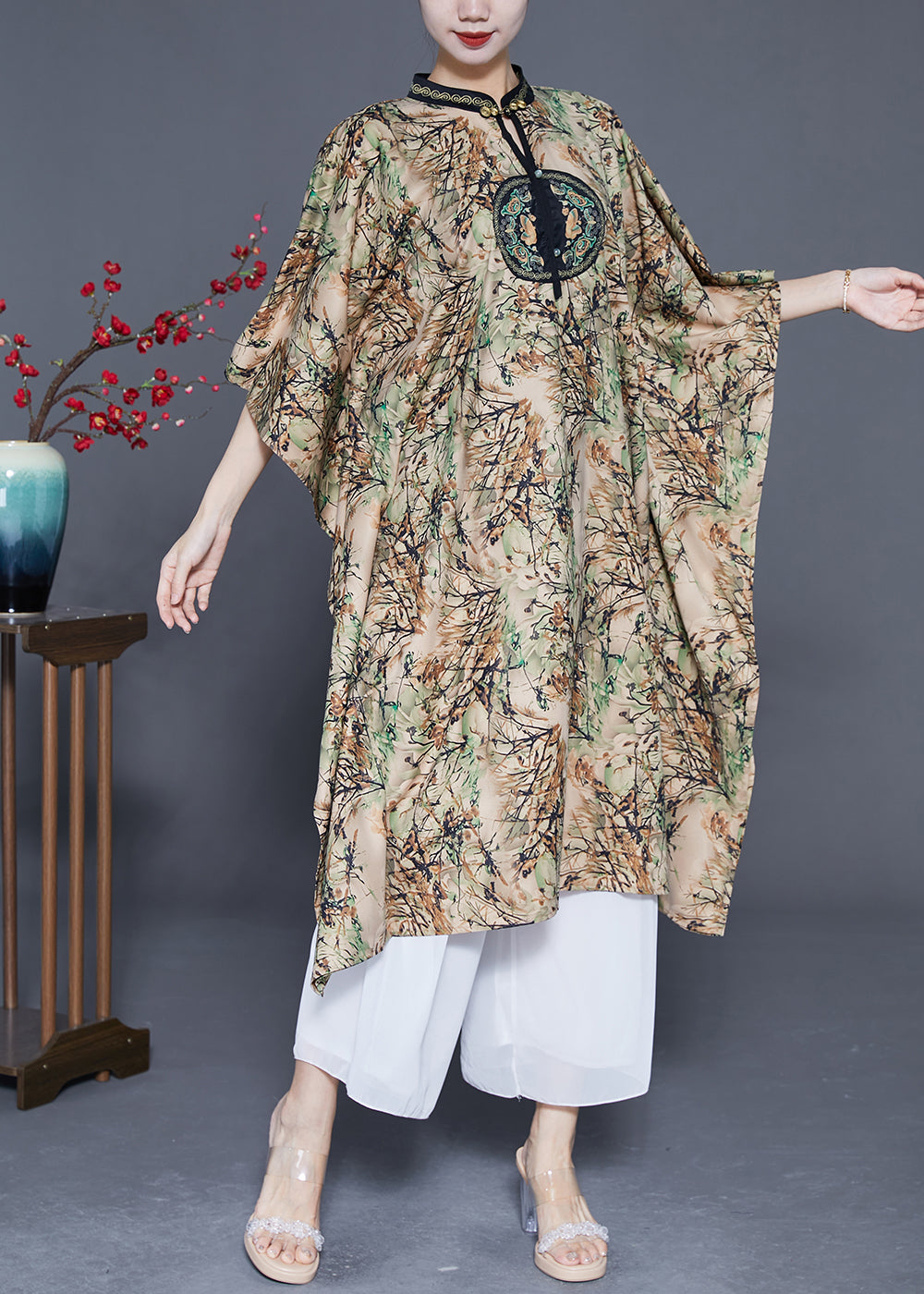 Modern Khaki Stand Collar Print Silk Dresses Batwing Sleeve LY3686 - fabuloryshop