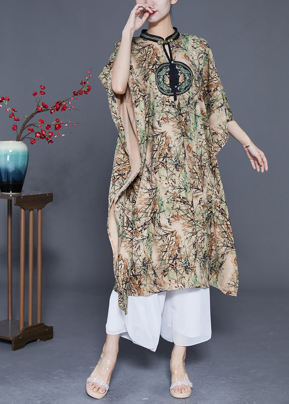 Modern Khaki Stand Collar Print Silk Dresses Batwing Sleeve LY3686 - fabuloryshop