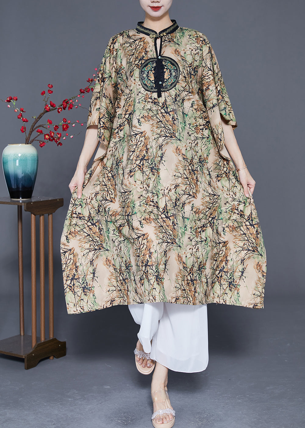 Modern Khaki Stand Collar Print Silk Dresses Batwing Sleeve LY3686 - fabuloryshop