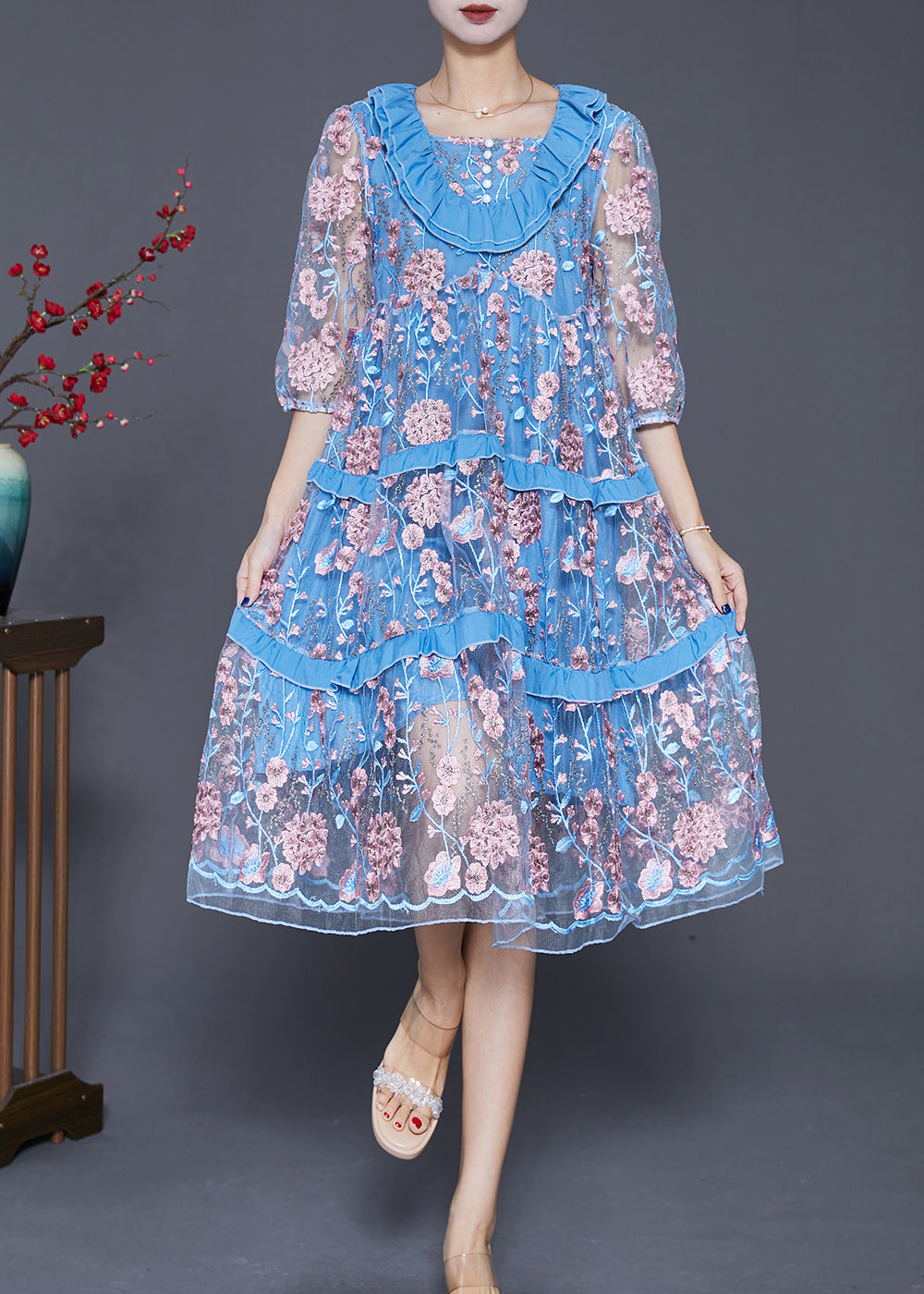 Modern Lake Blue Ruffled Patchwork Embroideried Tulle Dress Summer Ada Fashion