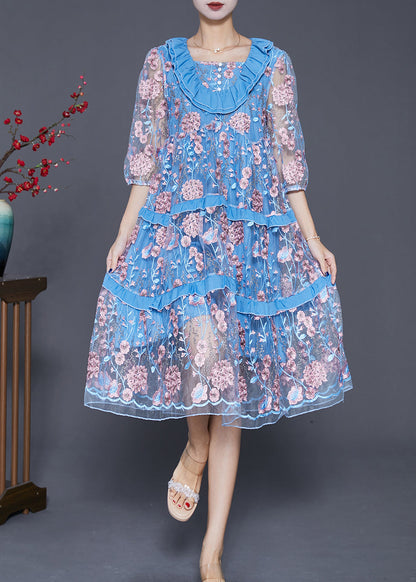 Modern Lake Blue Ruffled Patchwork Embroideried Tulle Dress Summer Ada Fashion