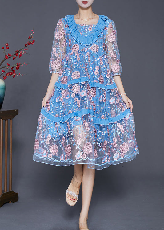 Modern Lake Blue Ruffled Patchwork Embroideried Tulle Dress Summer Ada Fashion