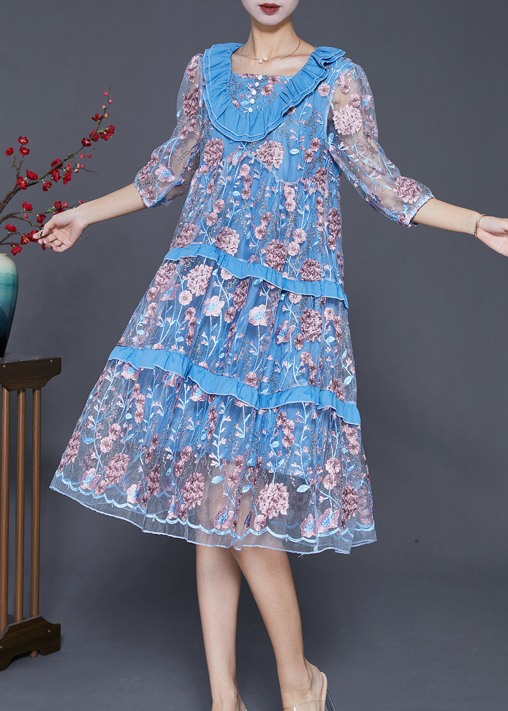 Modern Lake Blue Ruffled Patchwork Embroideried Tulle Dress Summer Ada Fashion