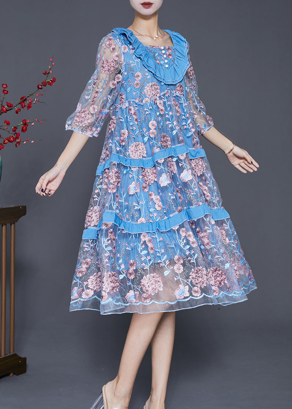 Modern Lake Blue Ruffled Patchwork Embroideried Tulle Dress Summer Ada Fashion