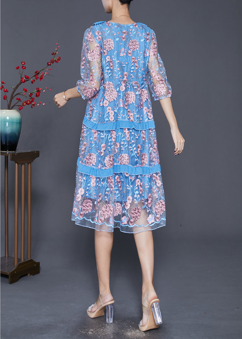 Modern Lake Blue Ruffled Patchwork Embroideried Tulle Dress Summer Ada Fashion