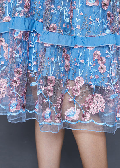 Modern Lake Blue Ruffled Patchwork Embroideried Tulle Dress Summer Ada Fashion