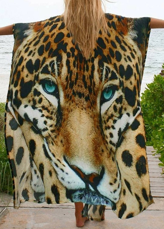 Modern Leopard V Neck Print Tie Waist Long Smock Summer LY3031 - fabuloryshop