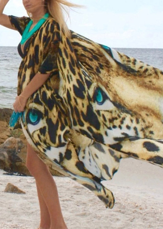 Modern Leopard V Neck Print Tie Waist Long Smock Summer LY3031 - fabuloryshop