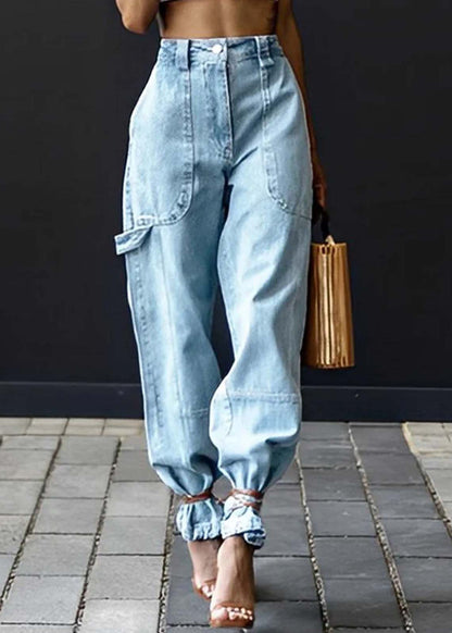 Modern Light Blue Elastic Waist Oversized Denim Pants Summer LY4022 - fabuloryshop