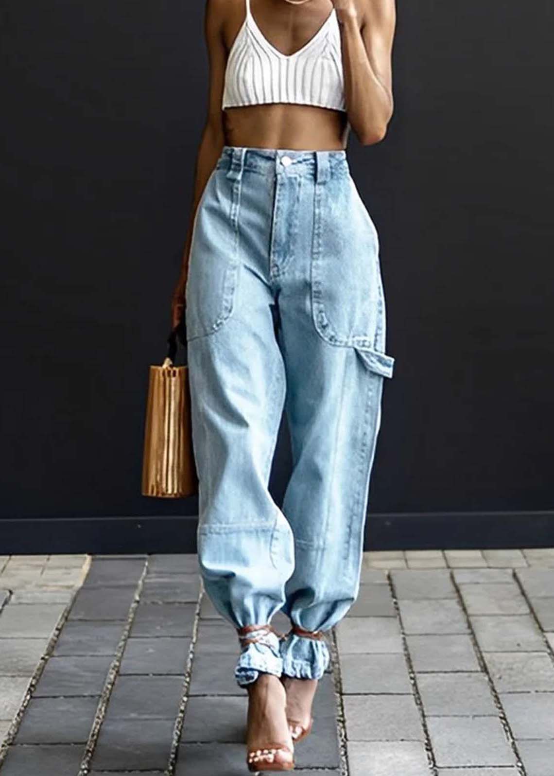 Modern Light Blue Elastic Waist Oversized Denim Pants Summer LY4022 - fabuloryshop