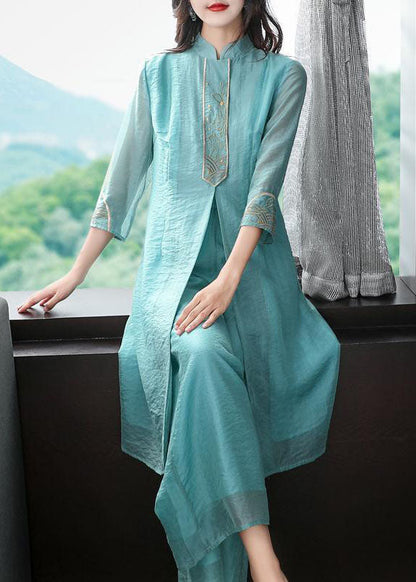 Modern Light Blue Embroideried Side Open Silk Two Piece Set Bracelet Sleeve LC0235 - fabuloryshop