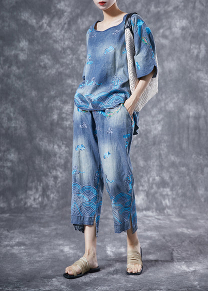 Modern Light Blue O-Neck Embroideried Denim Two Piece Suit Set Summer LY4023 - fabuloryshop