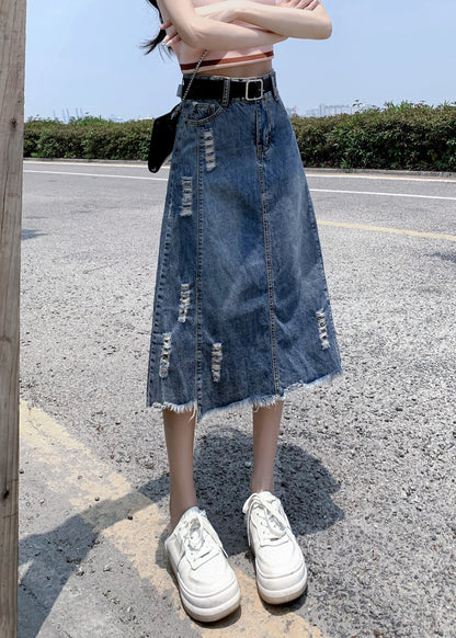 Modern Light Blue Patchwork Ripped A Line Denim Skirt TY1093 - fabuloryshop