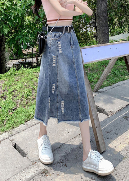 Modern Light Blue Patchwork Ripped A Line Denim Skirt TY1093 - fabuloryshop