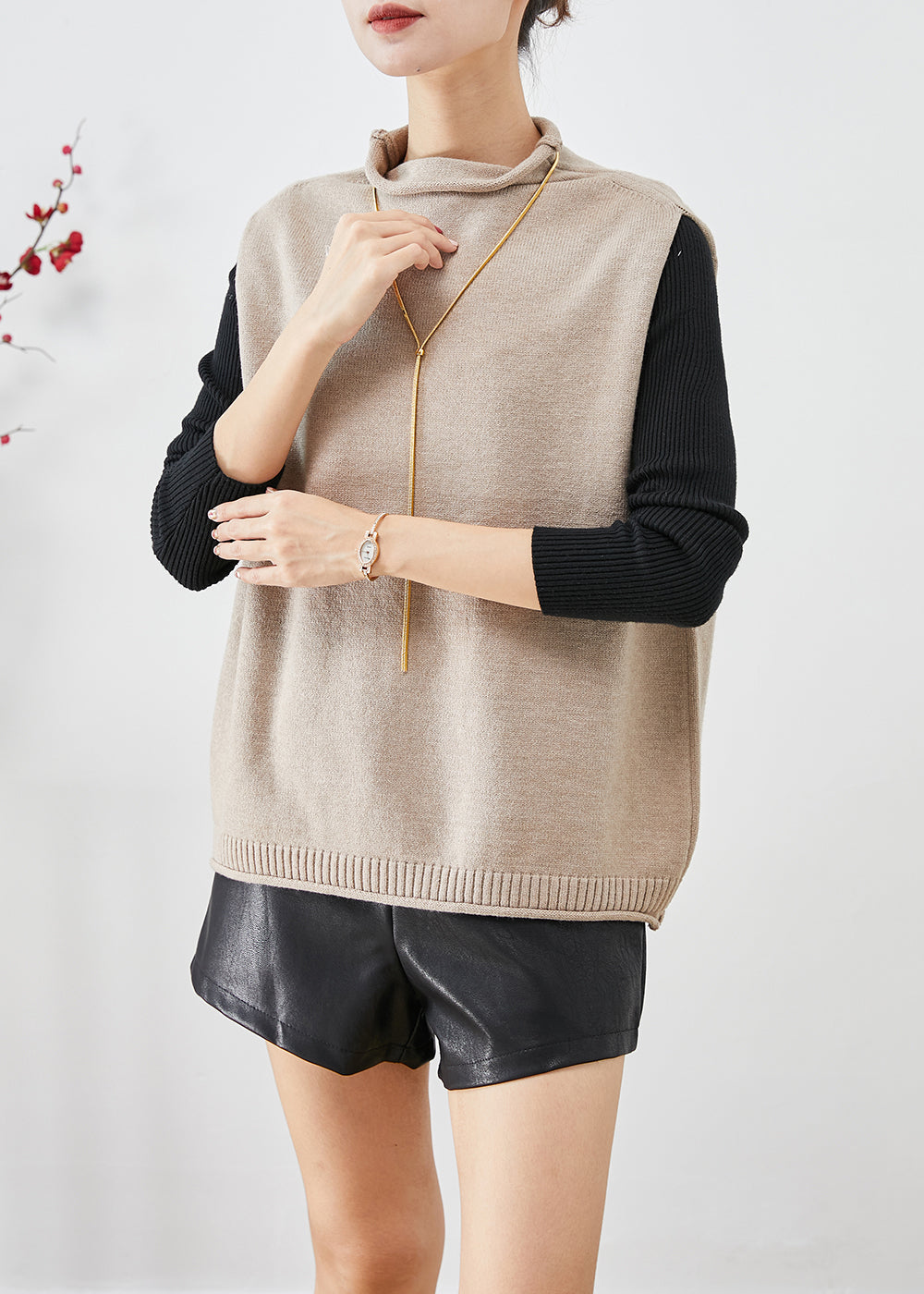 Modern Light Camel Turtle Neck Knit Vest Tops Fall Ada Fashion