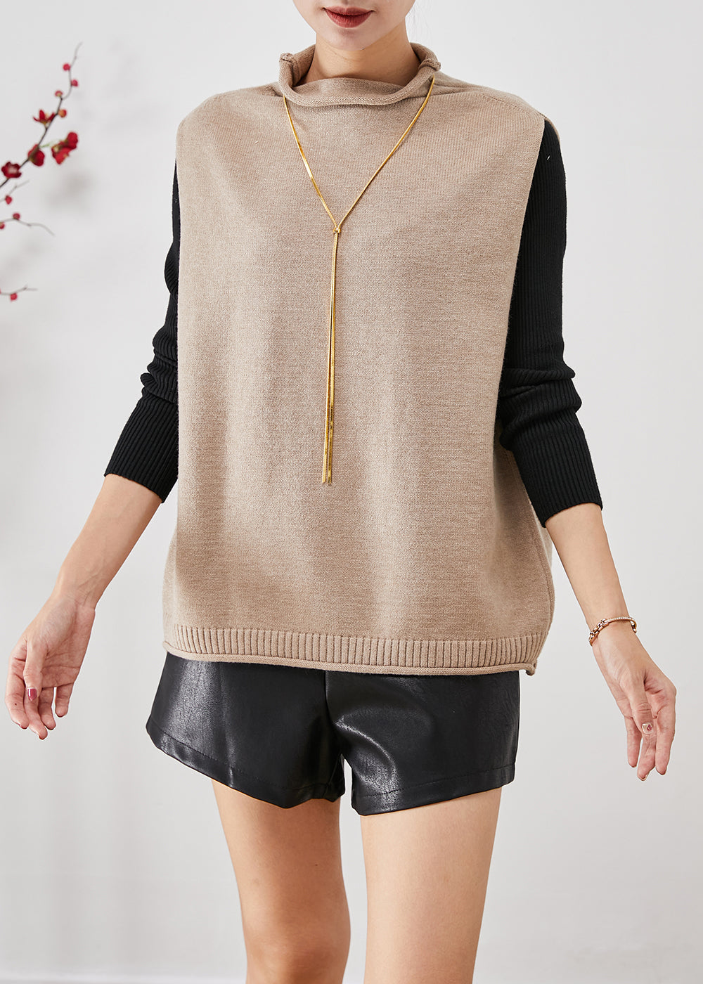 Modern Light Camel Turtle Neck Knit Vest Tops Fall Ada Fashion