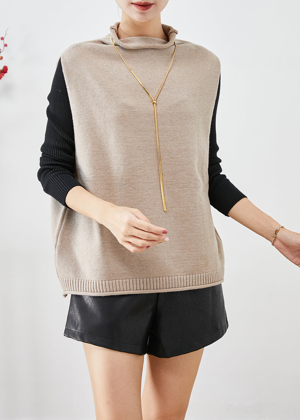 Modern Light Camel Turtle Neck Knit Vest Tops Fall Ada Fashion