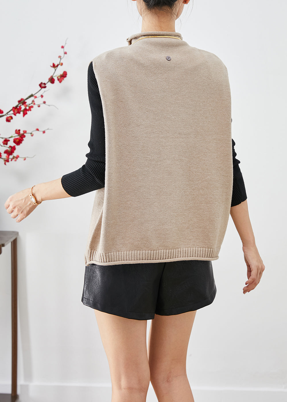 Modern Light Camel Turtle Neck Knit Vest Tops Fall Ada Fashion