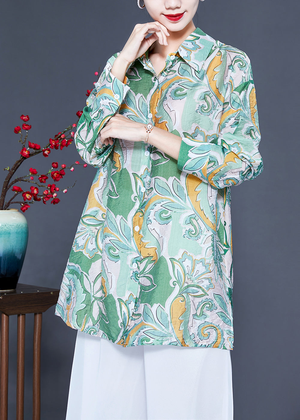 Modern Light Green Oversized Print Silk Shirt Tops Spring LY0924 - fabuloryshop