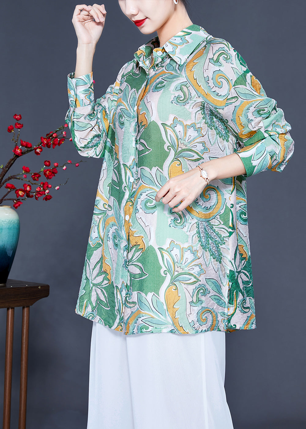 Modern Light Green Oversized Print Silk Shirt Tops Spring LY0924 - fabuloryshop