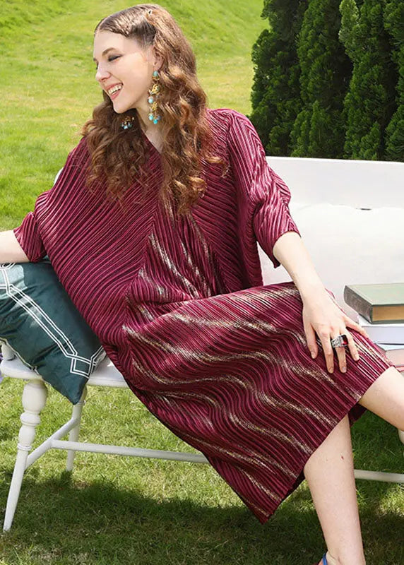 Modern Mulberry V Neck Striped Wrinkled Maxi Dresses Fall Ada Fashion