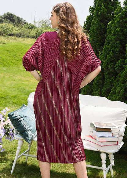 Modern Mulberry V Neck Striped Wrinkled Maxi Dresses Fall Ada Fashion