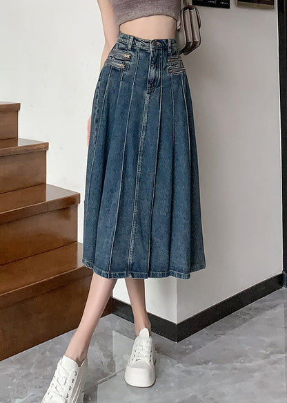 Modern Navy High Waist Zip Up Denim Pleated Skirt Summer Ada Fashion