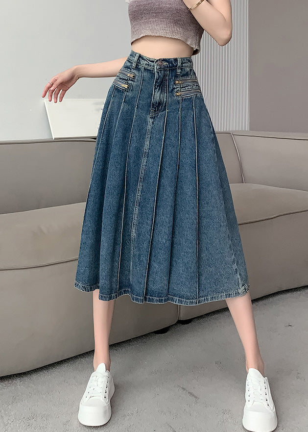 Modern Navy High Waist Zip Up Denim Pleated Skirt Summer Ada Fashion