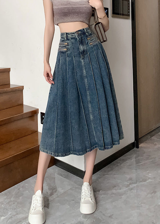 Modern Navy High Waist Zip Up Denim Pleated Skirt Summer Ada Fashion