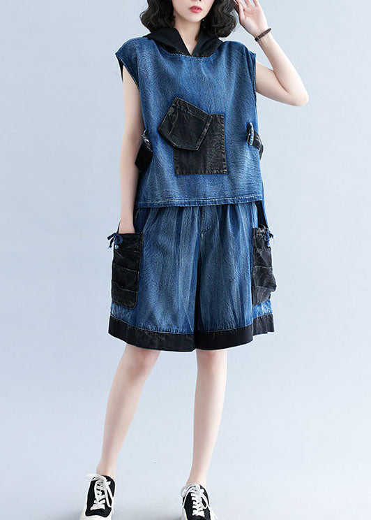 Modern Navy Hooded Pockets Tops And Pants Denim Two Pieces Set Summer LY4963 - fabuloryshop