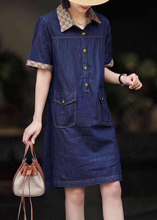 Modern Navy Peter Pan Collar Patchwork Denim Mid Dress Summer LY3827 - fabuloryshop