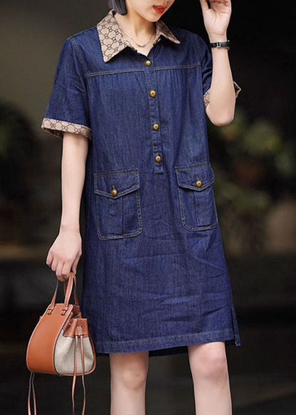 Modern Navy Peter Pan Collar Patchwork Denim Mid Dress Summer LY3827 - fabuloryshop