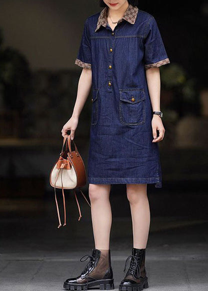 Modern Navy Peter Pan Collar Patchwork Denim Mid Dress Summer LY3827 - fabuloryshop