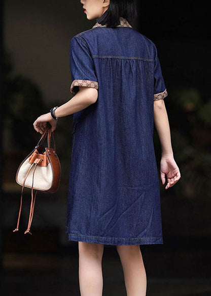 Modern Navy Peter Pan Collar Patchwork Denim Mid Dress Summer LY3827 - fabuloryshop