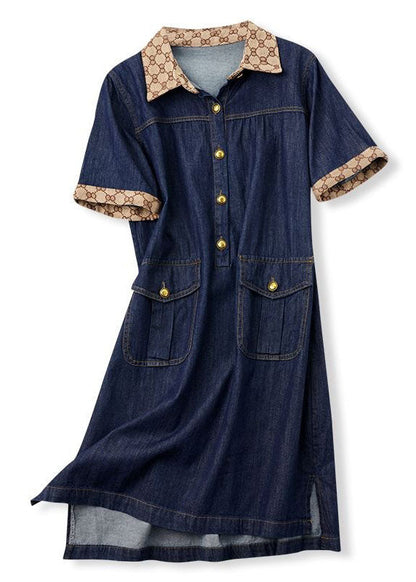 Modern Navy Peter Pan Collar Patchwork Denim Mid Dress Summer LY3827 - fabuloryshop