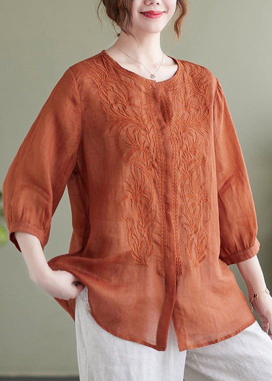 Modern Orange Embroideried Linen Shirts Bracelet Sleeve LY7327 - fabuloryshop