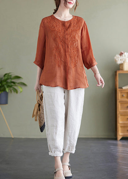 Modern Orange Embroideried Linen Shirts Bracelet Sleeve LY7327 - fabuloryshop