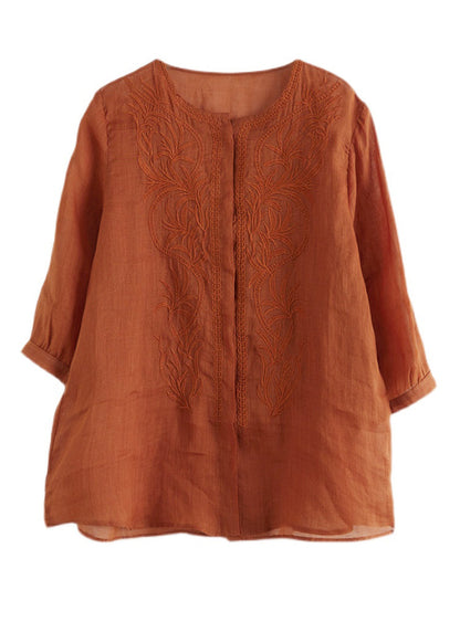 Modern Orange Embroideried Linen Shirts Bracelet Sleeve LY7327 - fabuloryshop