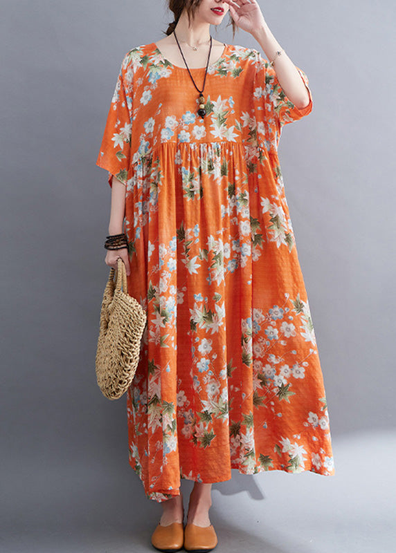 Modern Orange O-Neck Patchwork Wrinkled Cotton Maxi Dress Half Sleeve LY6103 - fabuloryshop