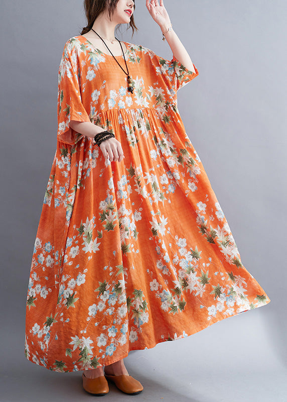 Modern Orange O-Neck Patchwork Wrinkled Cotton Maxi Dress Half Sleeve LY6103 - fabuloryshop